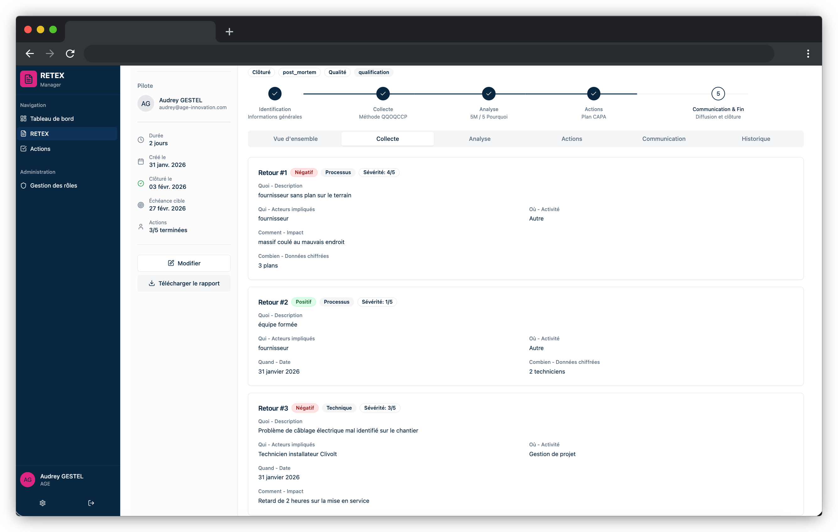 Partage d'un dossier RETEX FeedbackHub