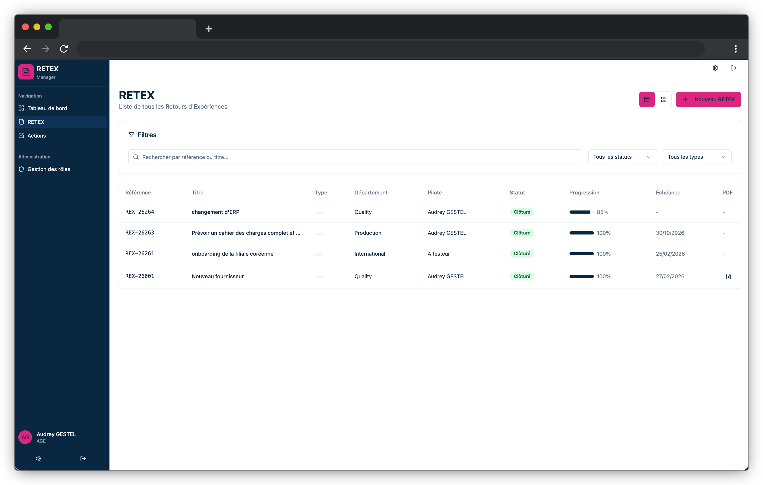 Vue centrale des retours FeedbackHub